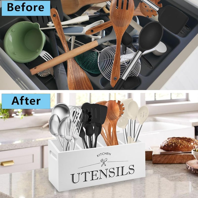 KJEC Kitchen Utensil Holder with 4 Compartments, Wooden Utensil Organizer for Countertop, Ideal for Storage and Organization, Rustic Cooking Utensil Kitchen Tool, White - Image 5